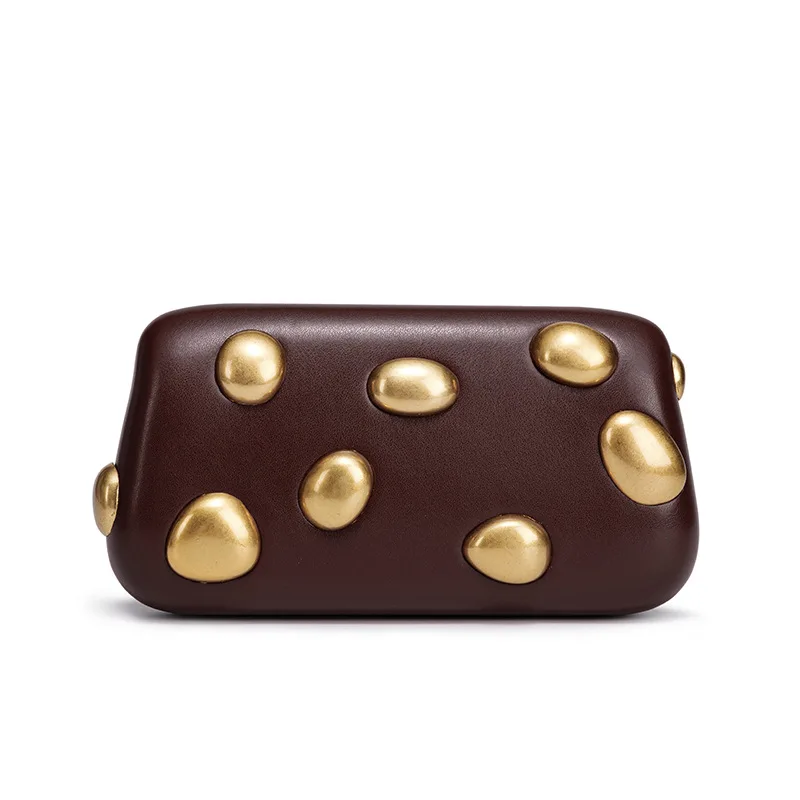 Vintage Gold Metal Pebble Decor Hard Clutch for Women Faux Leather Evening Bag with Detachable Chain Strap