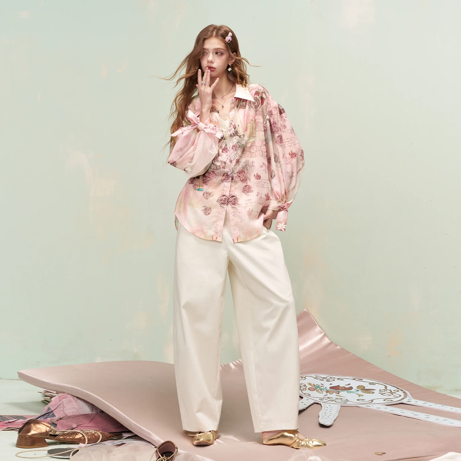 ELFSACK Womens Sheer Button Down Shirt Vintage Rose Graphic Blouse Y2K Fairycore Tie Sleeve Coquette Top