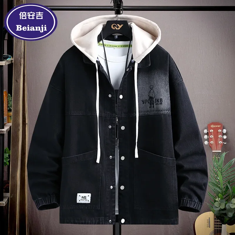 

2025 Spring Denim Jacket Black Fake Two-piece Hooded Trendy Buttoned Long Sleeve Zipper Sweater Fashion Jean Jackets Outerwear