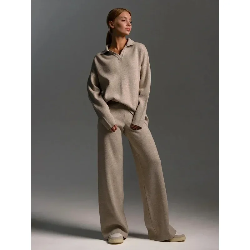 

Thick Knitted Suits for Women, Sweater and Wide Leg Pants, Polo Neck, Soft, Female Outfit, Winter, 2 Pieces