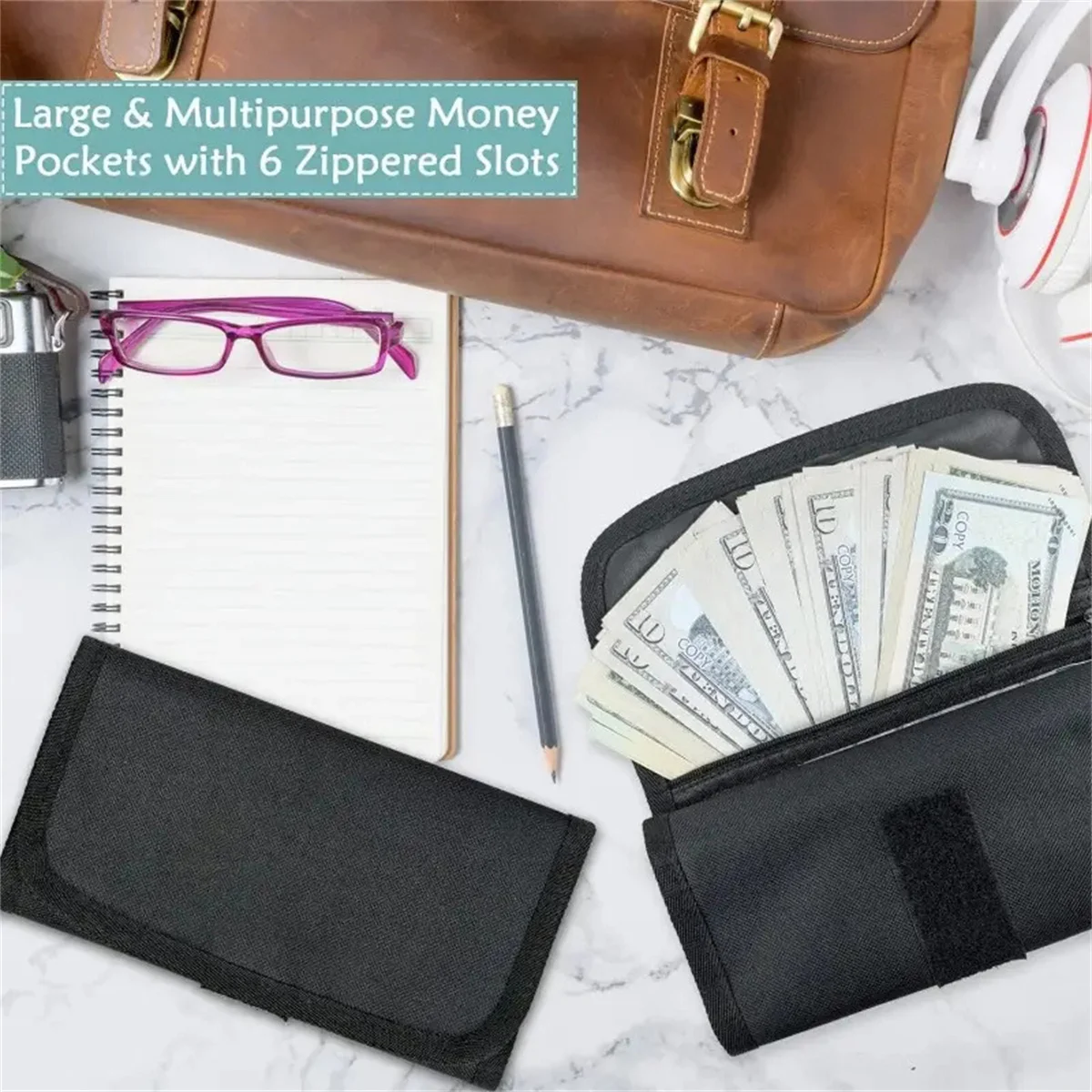 Cash Organizer with 6 Zipper Pockets, Cash Bill Organizer, Envelope Wallet Money Bag, Receipts, Cash and More Storage, Perfect V