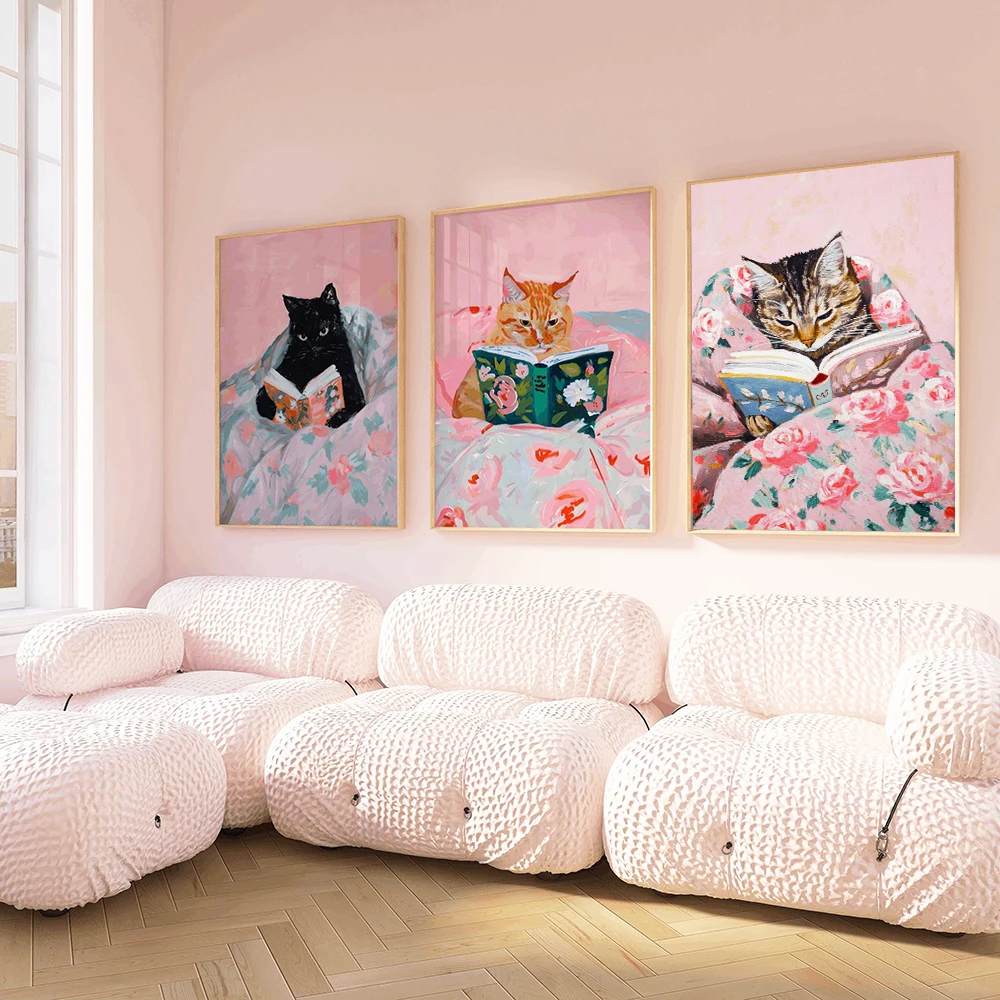 Funny Tabby Cat Reading Books Art Poster Vintage Cute Animals Wall Canvas Painting Book Lover Pet Gift Decoration Pictures Print