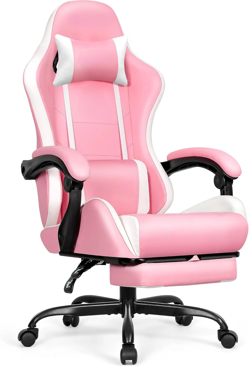 

Video game chair with high footrest, ergonomic design, comfortable office computer desk, adjustable lumbar support height (pink)