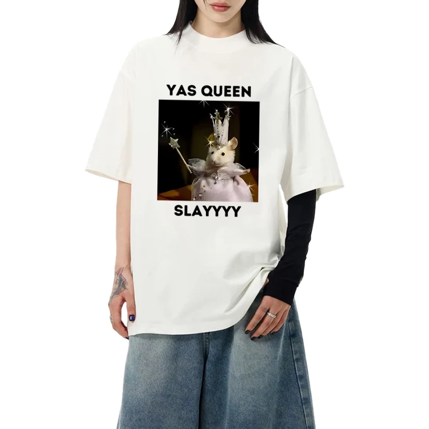 

Cute Kawaii Yas Queen Slay Funny Rat printed T Shirt Men Women harajuku Fashion short sleeve T-shirts Unisex 100% Cotton Tops