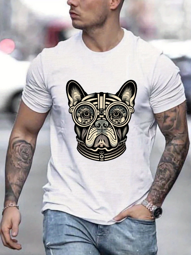 

Bulldog Dad Steampunk Graphic-Goggle-Wearing Bulldog with Gears Design-100% cotton O-neck short sleeve printed T-shirt.