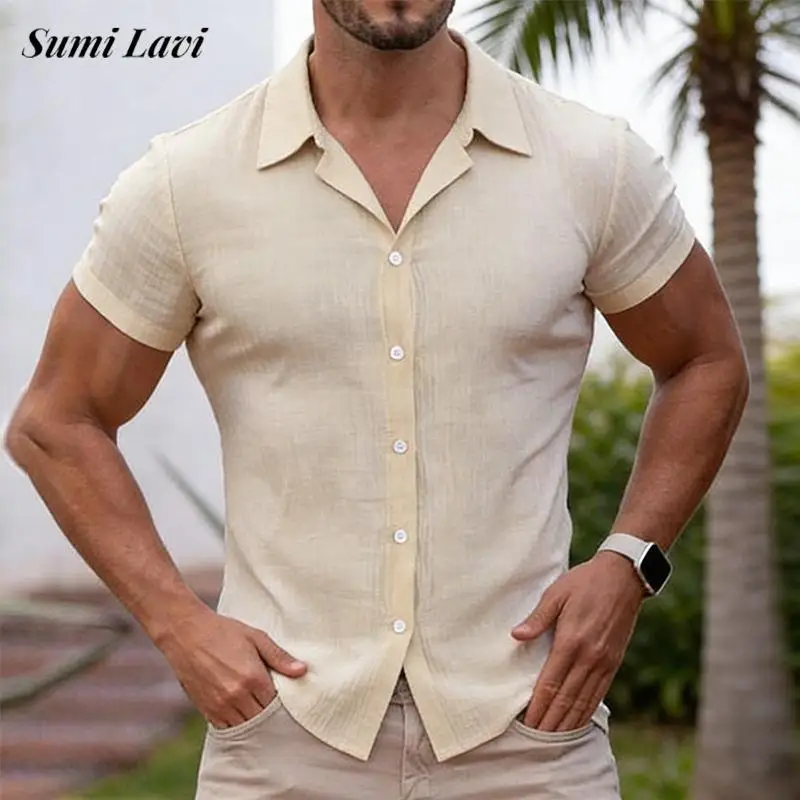 

Daily Leisure Mens Short Sleeve Buttoned Shirt Spring Summer Casual Solid Color Lapel Shirts Men Vintage Turn-down Collar Shirt