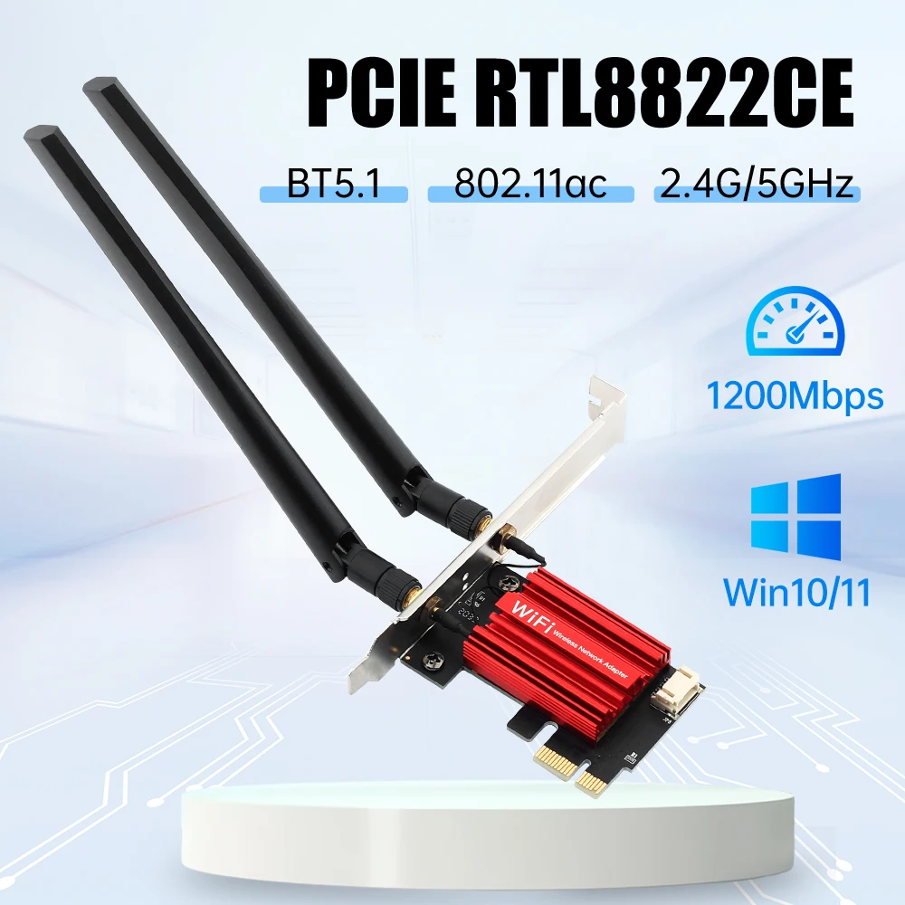 

PCIE RTL8822CE BT5.1 AC1200 WiFi Adapter 5GHz 867Mbps WiFi 5 802.11ac 1200M Network Card Wireless Ethernet Desktop For Win10/11