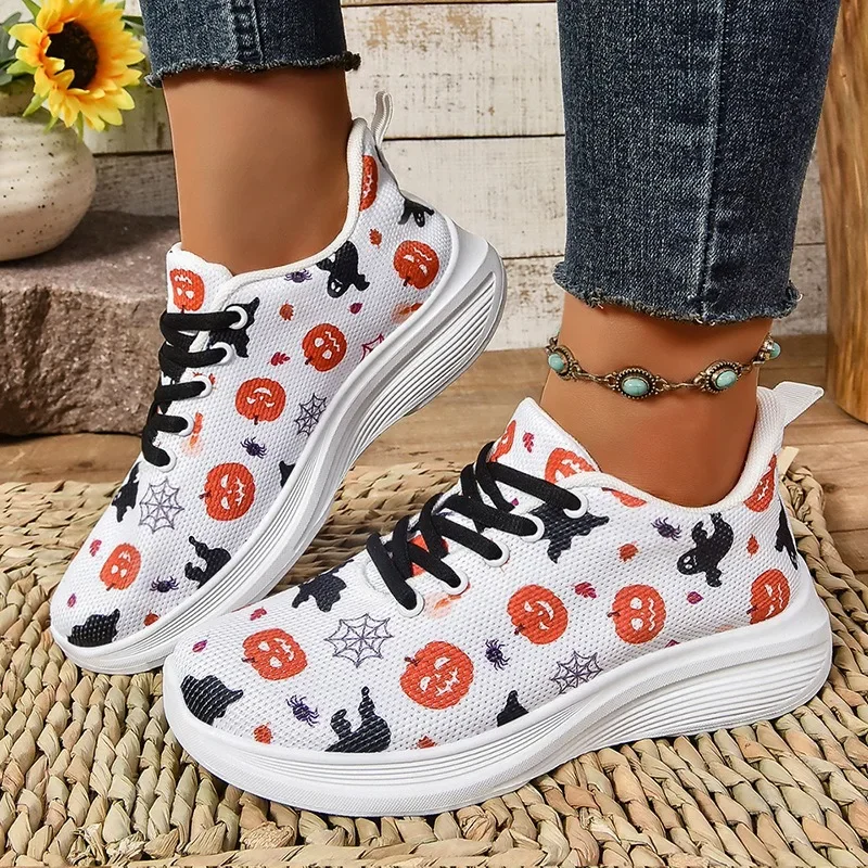 

New Halloween pumpkin shoes, fashionable and casual running women's shoes, mesh breathable sports shoes