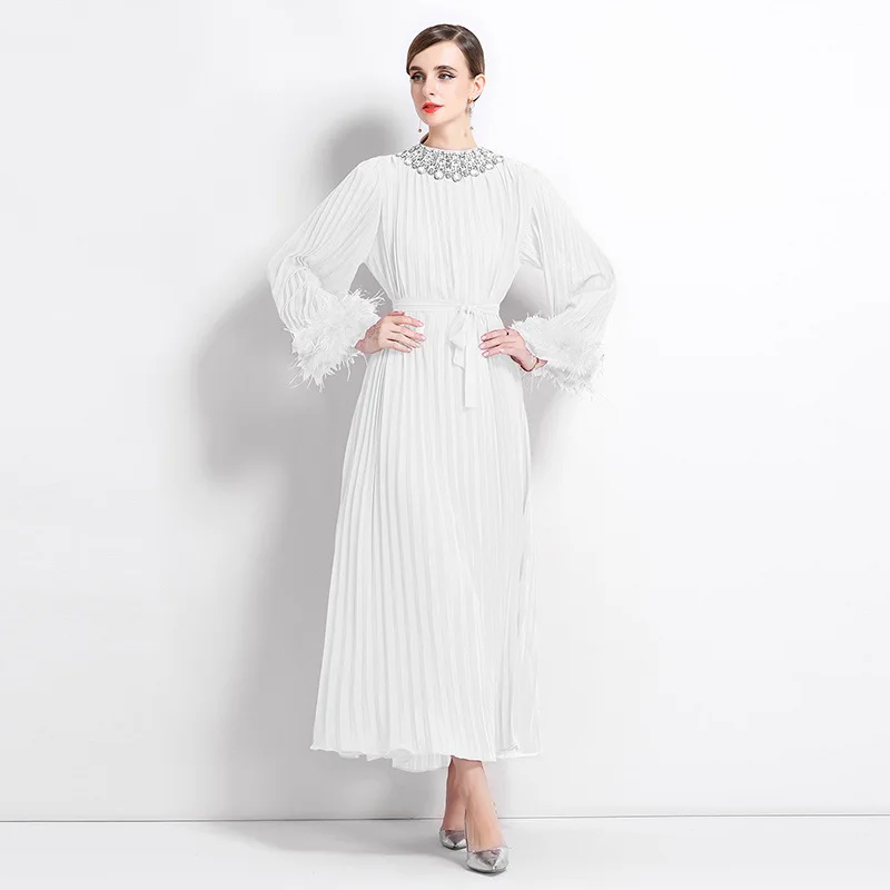 

Высококачественные плиссированные платья с бриллиантами, весеннее женское платье на шнуровке с длинными рукавами, осеннее платье с высокой талией, большие качели до щиколотки