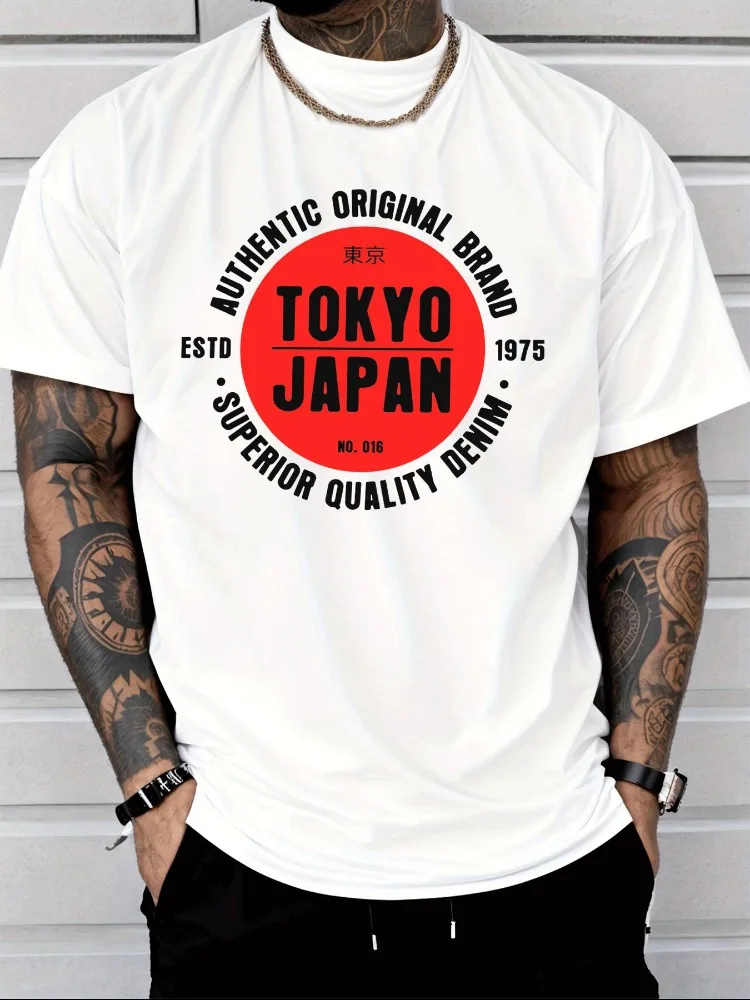 Summer Male Casual Blue T Shirt Retro Superior Quality Denim Tokyo Text Print Soft Cotton Short Sleeve Japan Style Daily Top
