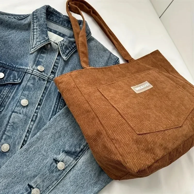 Bolso de hombro de gran capacidad para mujer, bolso de mano de pana de moda, bolso de mano de Color sólido con bolsillo frontal