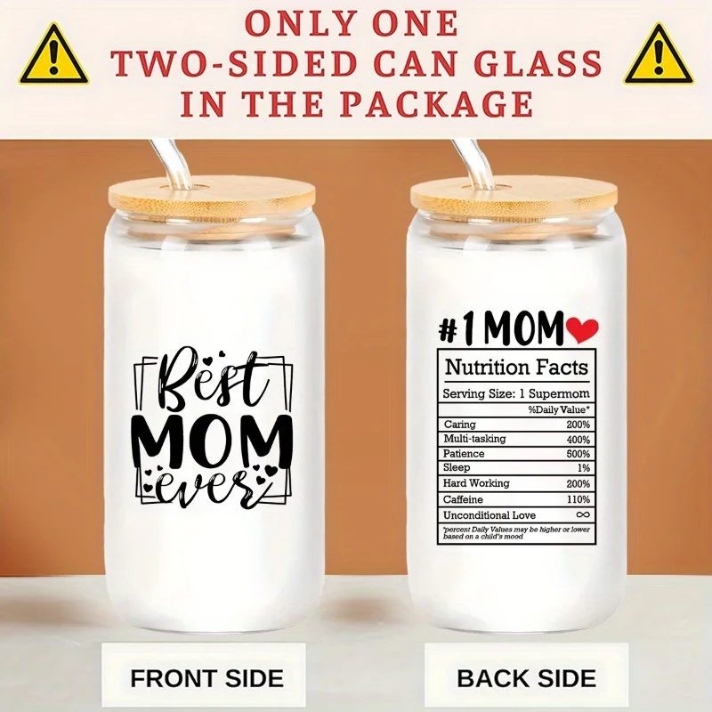 1PC, Best Mom Ever Glass Coffee Cup Set with Straw and Brush - Perfect Mother's Day Gift, 16oz Glass Cup Women's Day Gifts Ideas