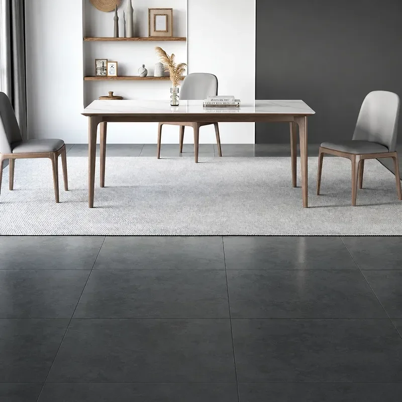 Modern Rectangular Dining Table Set with Chairs Solid Ash Walnut Wood Frame Bright Rock Slab Top Simple Design for Small