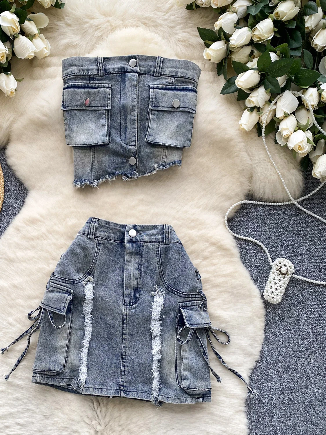 

Pure Desire Summer Faion, женский комплект из джинсового жилета и юбки нестандартной формы в американском стиле ретро Spicy Girl