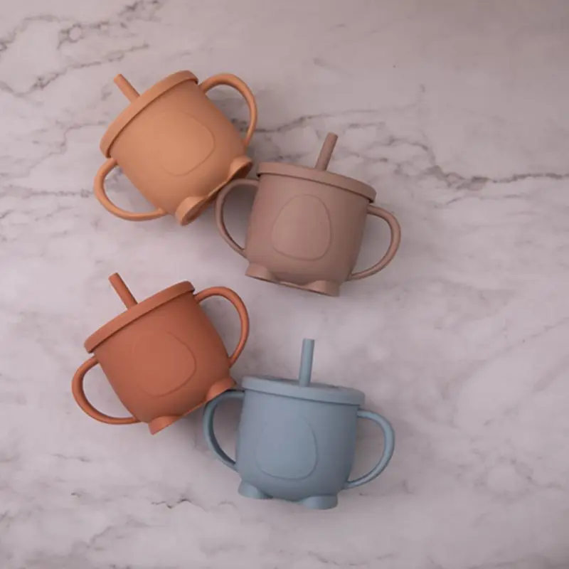 Baby Feeding Straw Bottle Sippy Cups Baby Silicone Double Handle Sippy Cups Children Anti-Hot Leakproof Cup Kids Mini Water Cups