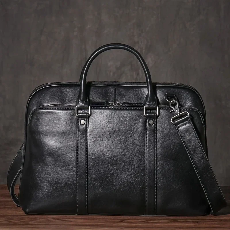 Luxury 15.6 Inch Men's Genuine Leather Laptop Briefcase, Executive Business Office Handbag & Portfolio Bag