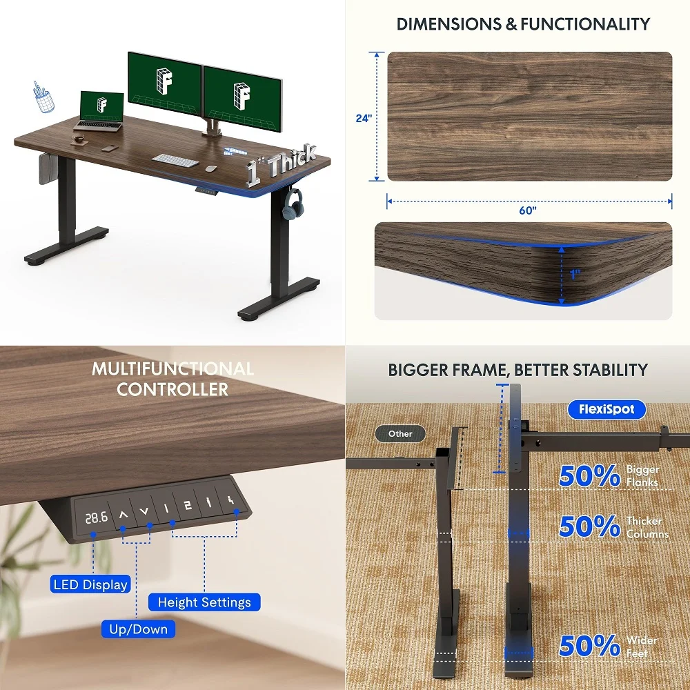 

60x24 OnePiece Electric Standing Desk, 1 Thick Seamless Desktop for Home Office, Study amp MultiMonitor Setup, Black Walnut