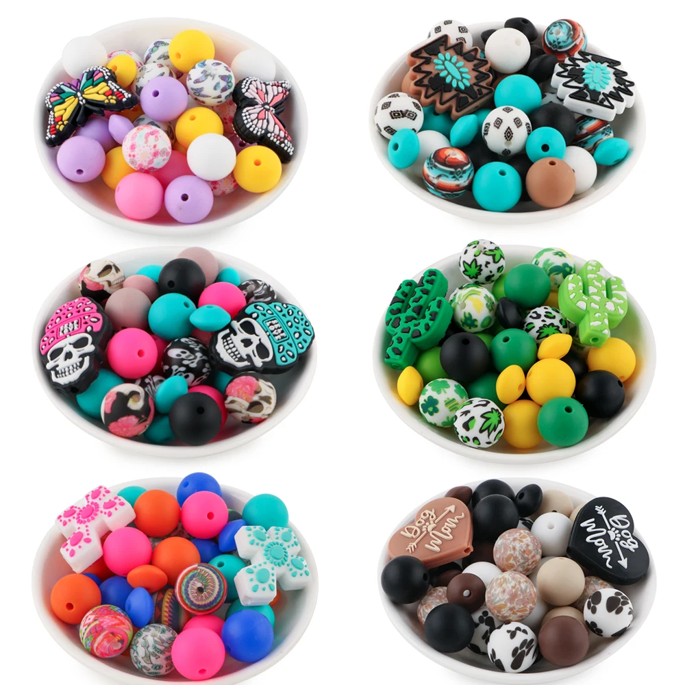 34Pcs/set Silicone Beads Kit Silicone Round Bead Focal Bead DIY KeyChain Bracelet Necklace Jewelry Accessories