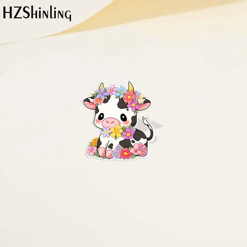 Cartoon Cow Floral Print Acrylic Lapel Pin Resin Epoxy Acrylic Pins Fashion Jewelry Accessories