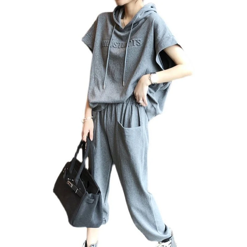 Summer Harajuku Y2K Solid Color Women\'s Set Round Neck Drawstring Batwing Sleeve Hoodies + Elastic Waist Pockets Casual Trousers