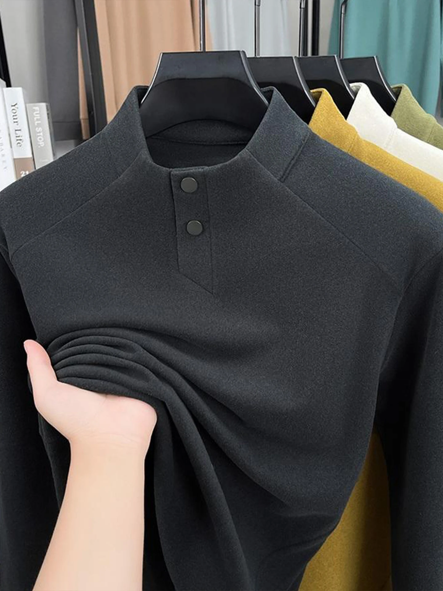 

Deep ey Men's Long Sve Henry Collar Velvet Base irt Inner Warm T-irt American Retro f High Collar Sweatirt