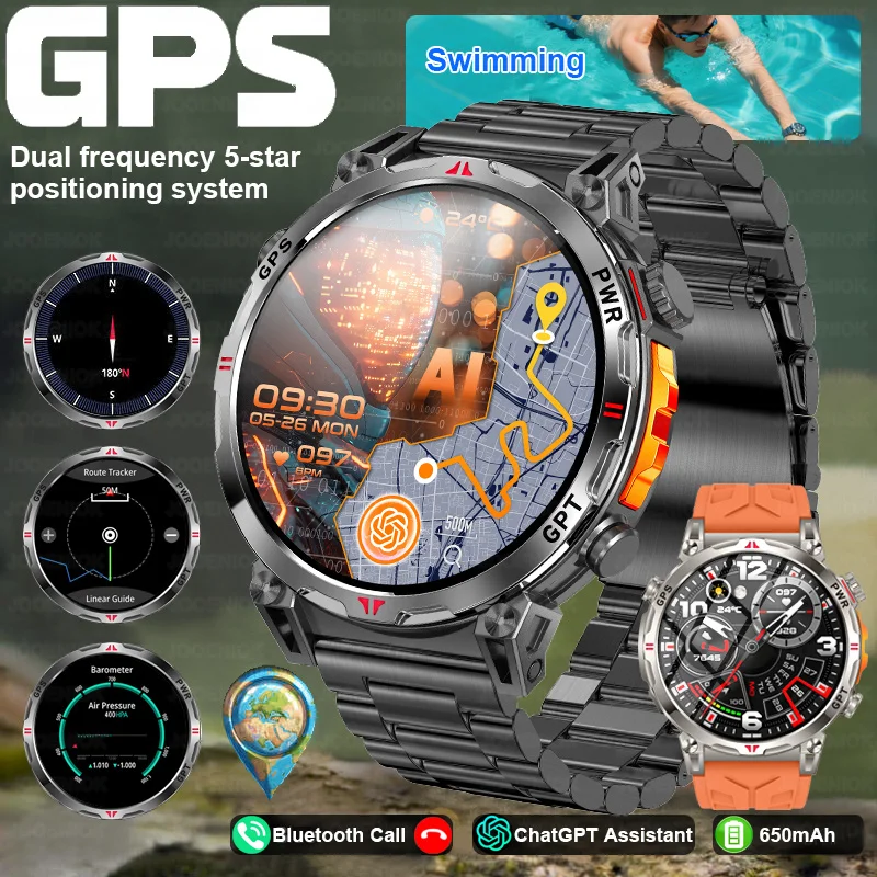 

Military Outdoor Smart Watch Built-in GPS 650mAh Battery Compass Altimeter ChatGPT 5ATM Waterproof Sports BT Call Smartwatch Men