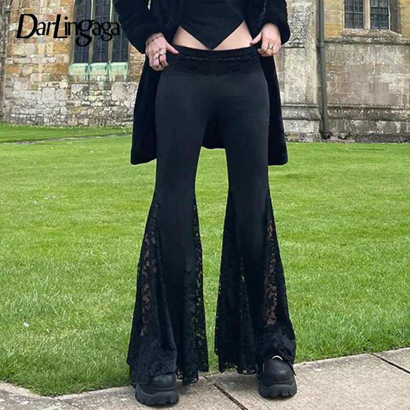 

Darlingaga Fashion Lace Patchwork Gothic Dark Long Trousers Women's Chic Slimming Low Waist Flared Pants All Match Bottoms New