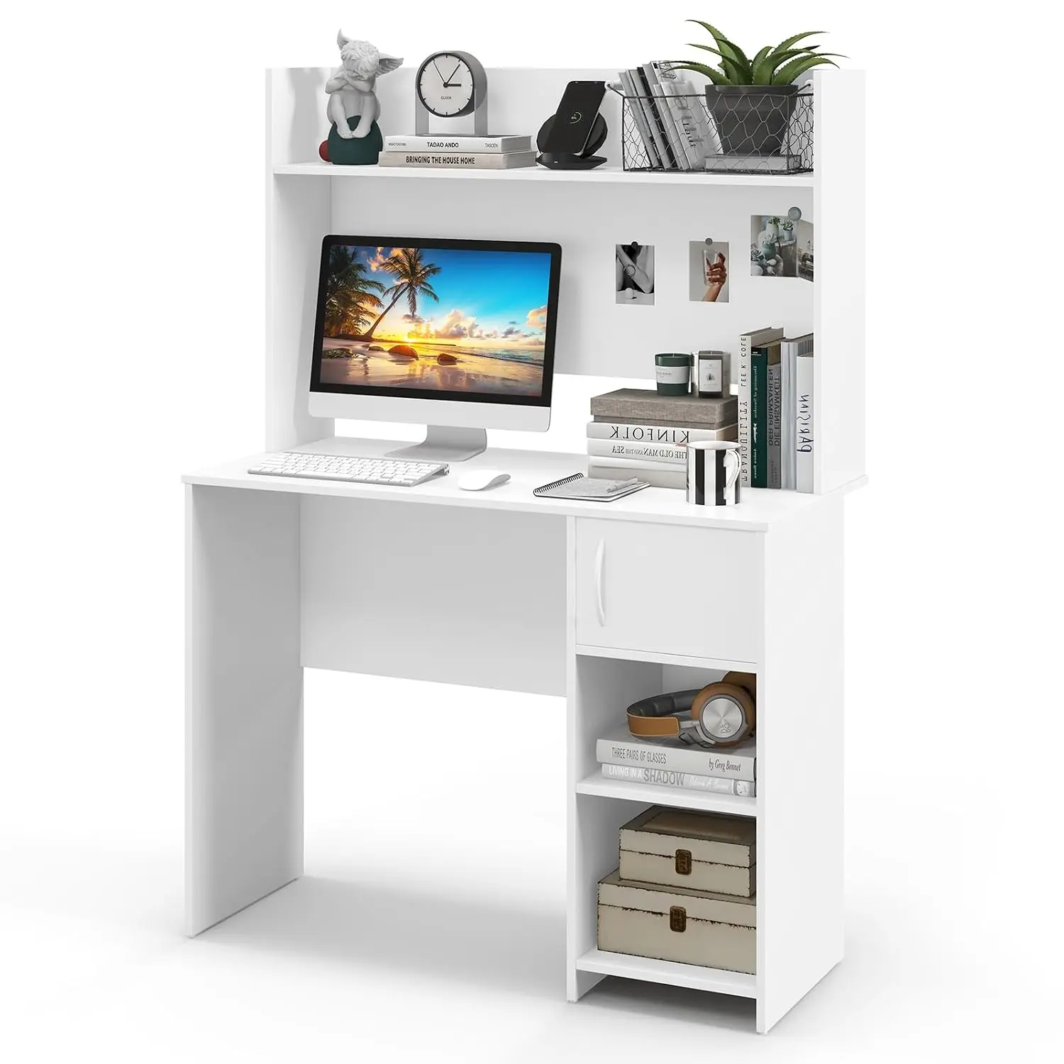 Computer Desk with Hutch, Raised Shelf & 2 Open Shelves, Cabinet with Door, Cable Management, Modern Laptop PC Desk,, Customized