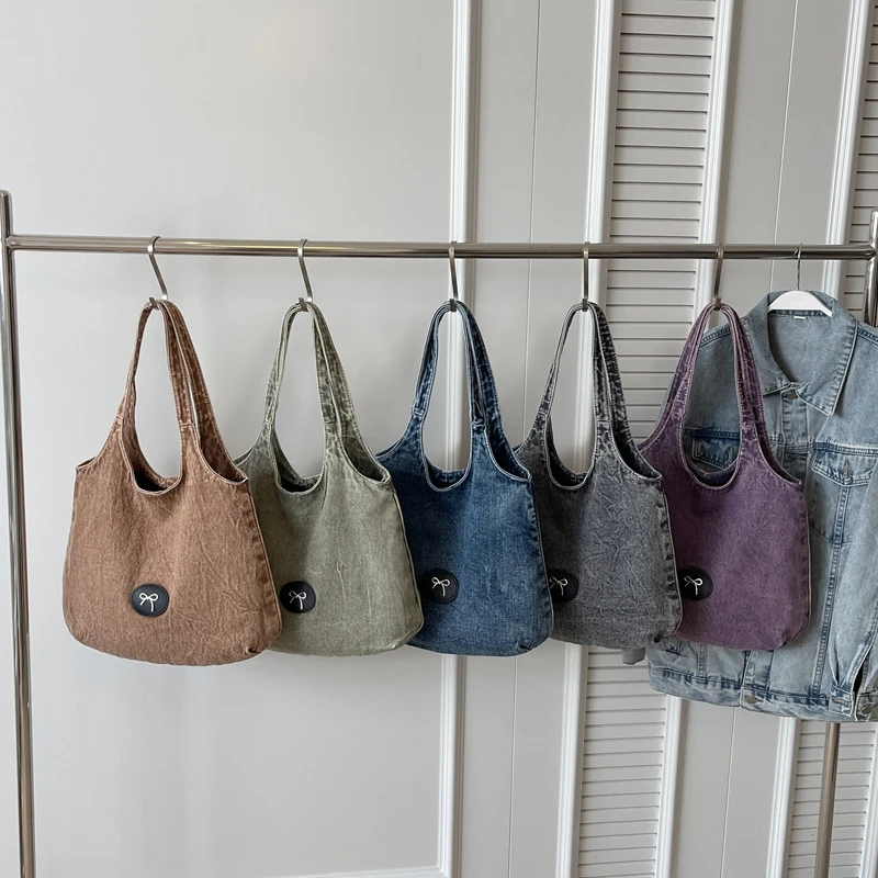 Denim Solid Colors Interior Zipper Pocket Ladies Tote Bags on Sale 2024 High Quality Sewing Thread Shoulder Bags for Women