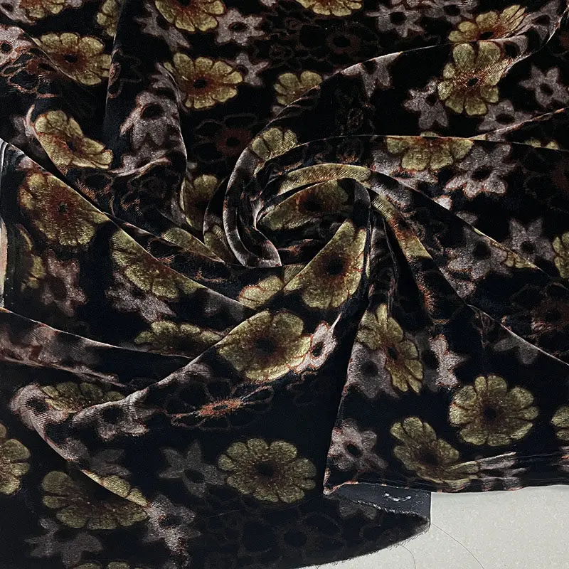 Designer Cloth Real Velvet Vintage Clothing Fabric Mixed Colors with Black Background SUNFLOWER Inkjet Silk Dress Cheongsam