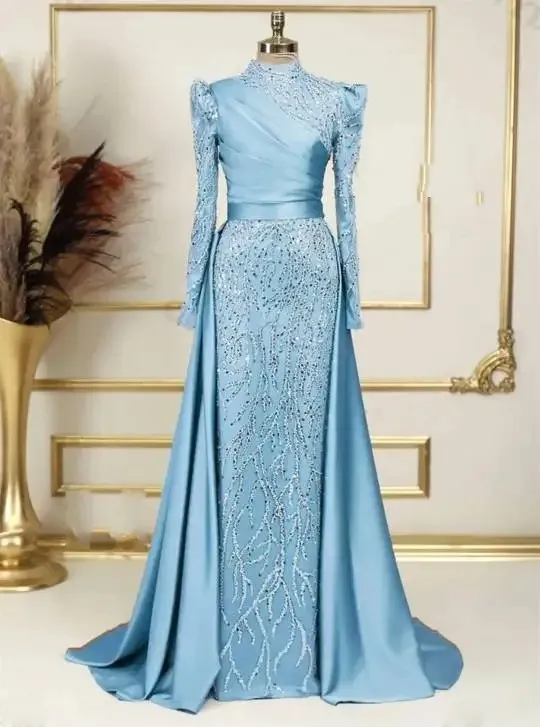 Ciynsia Sky Blue Women Formal Dress 2024 High Neck Long Sleeves Muslim Evening Gown Satin Beaded