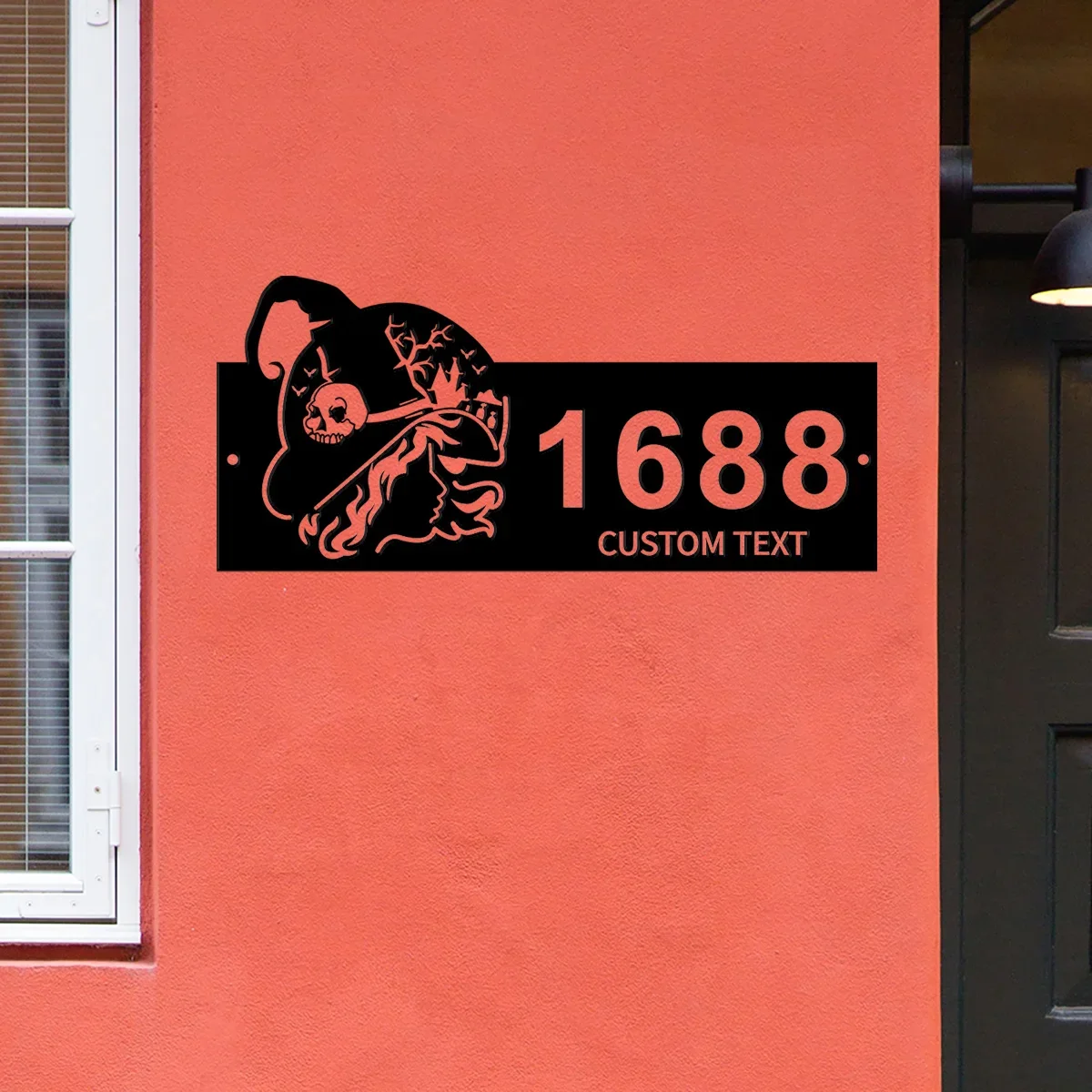 

Custom Personalized Witch haunted house halloween Metal Address Sign House number Hanging Address Plaque Yard Outdoor Sign