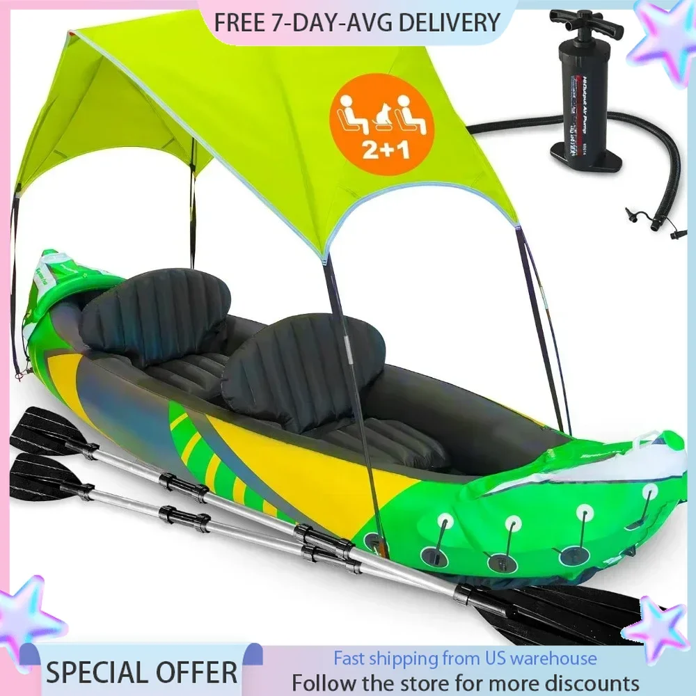 Inflatable Kayak 2 Person with Exclusive Sun Canopy (Detachable) Kayaks for Adults 3rd Seat for Dog/Child Waterproof Kayak