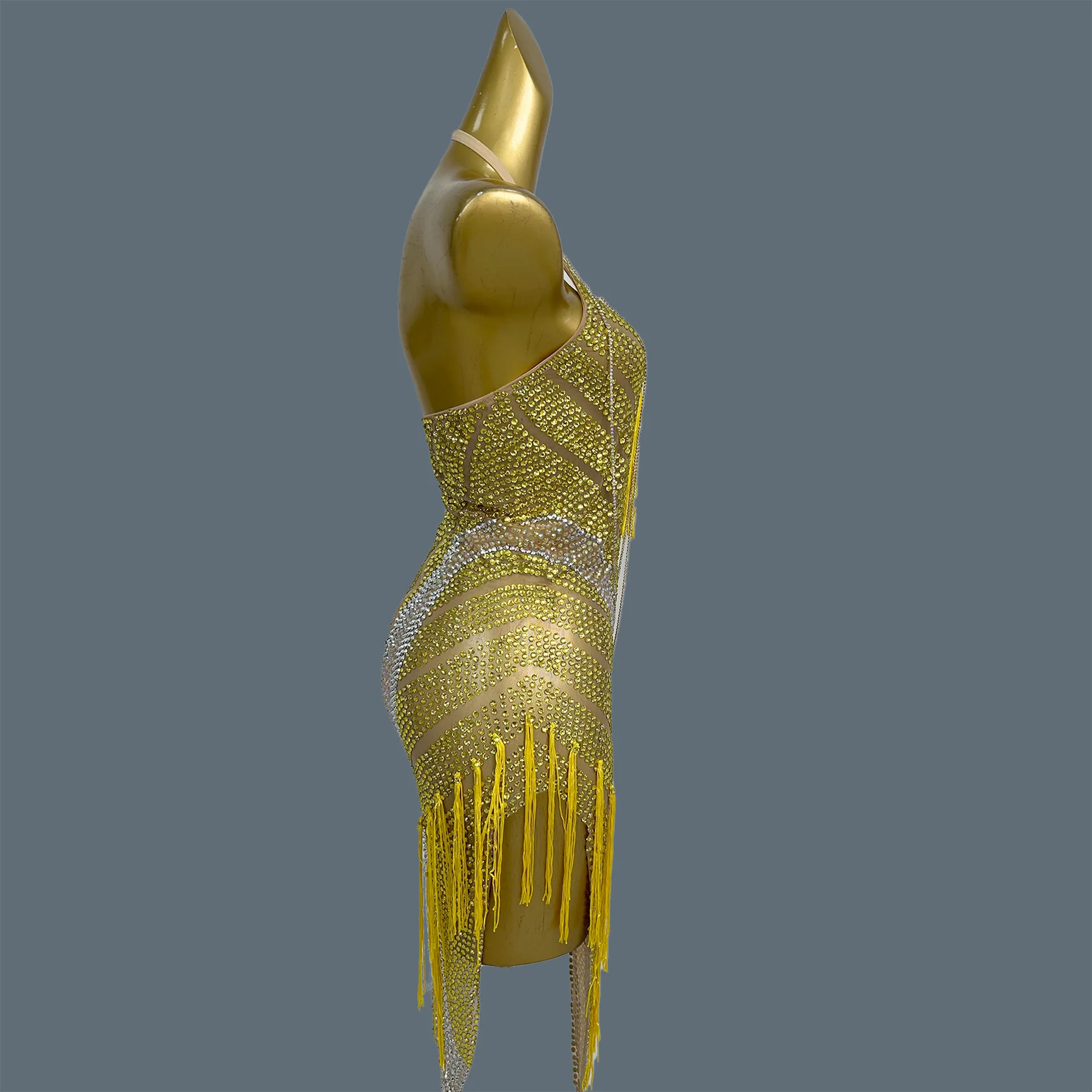 Sparkly Rhinestone Tight Fitting Mini Dress gig Show Club Party Latin Dance Dresses Tassel Mesh Sleeveless Sexy Outfit Qingning