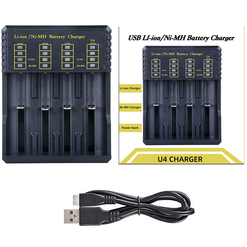 بطارية USB شاحن ذكي 4 فتحات لبطارية ليثيوم 18650 21700 14500 3.7 فولت قابلة للشحن لبطارية 1.2 فولت ni-mh AA / AAA