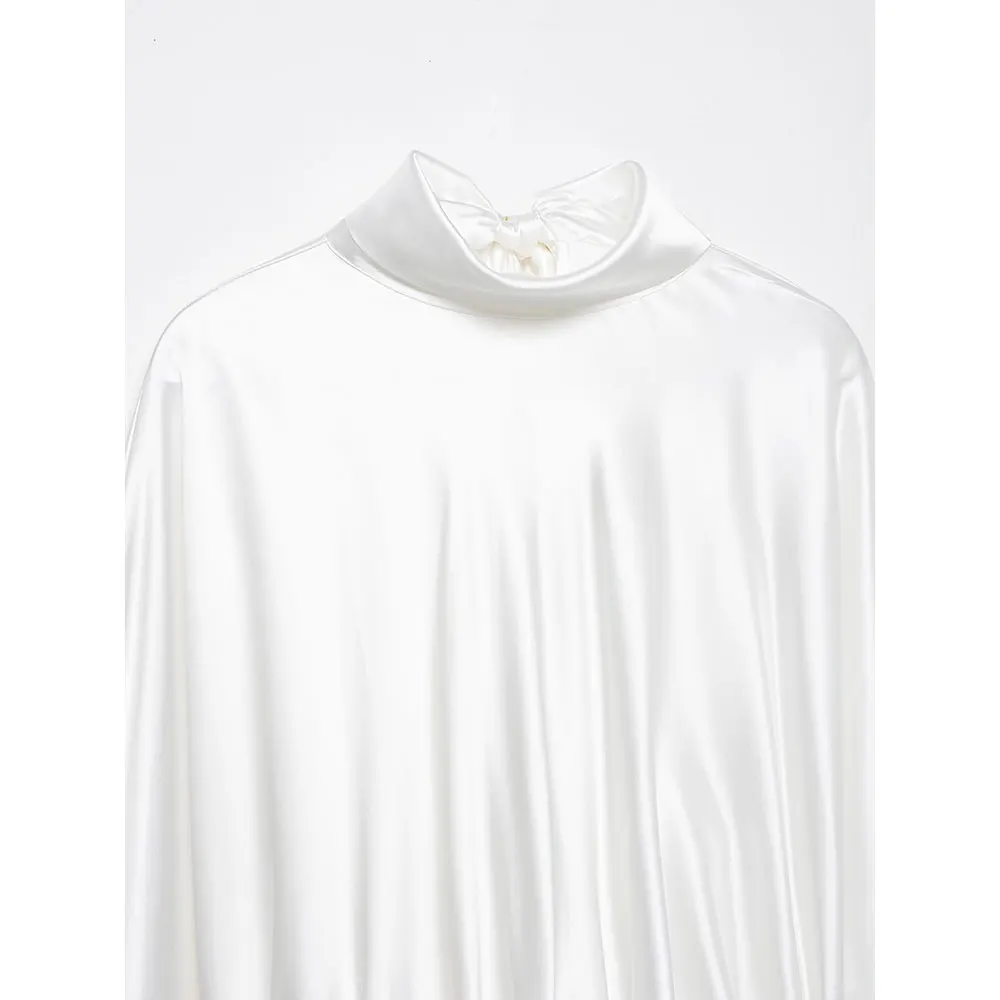 فستان نسائي قصير من الساتان الأبيض من DUOPERI بفيونكة خلفية وأربطة ورقبة عالية وأكمام طويلة فساتين نسائية أنيقة وأنيقة #3