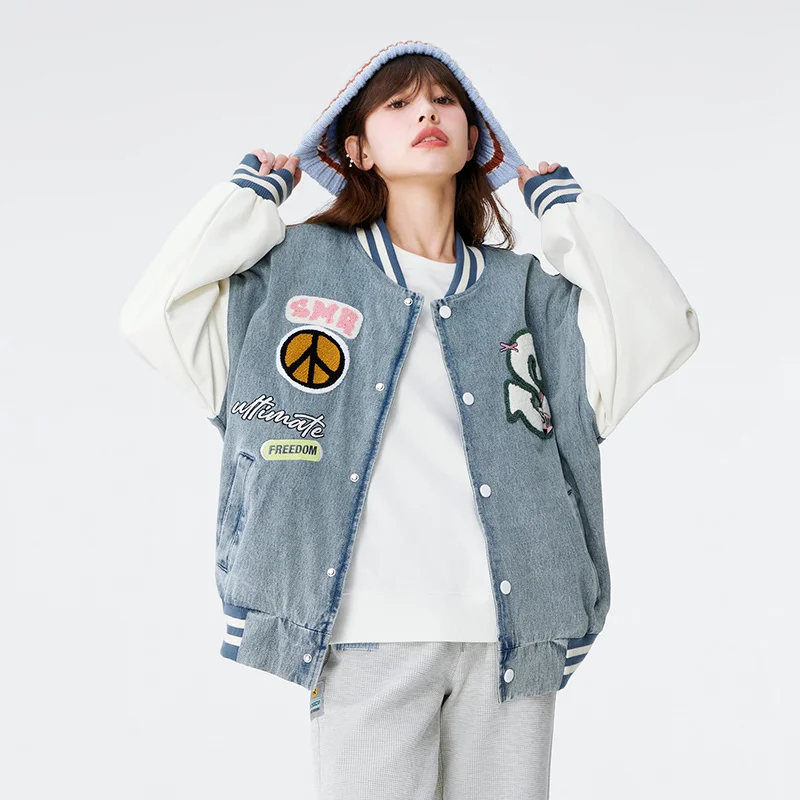 Semir Women Jacket Denim Jacket Embroidered Letters Loose Autumn Color Contrast Splicing Baseball Uniform Sweet Cool Jacket