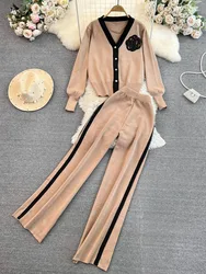 Fashion Knitted Women Suits Single Breasted V Neck Cardigan+Wide Legs Long Pants Autumn High Street Loose Sweater Sets