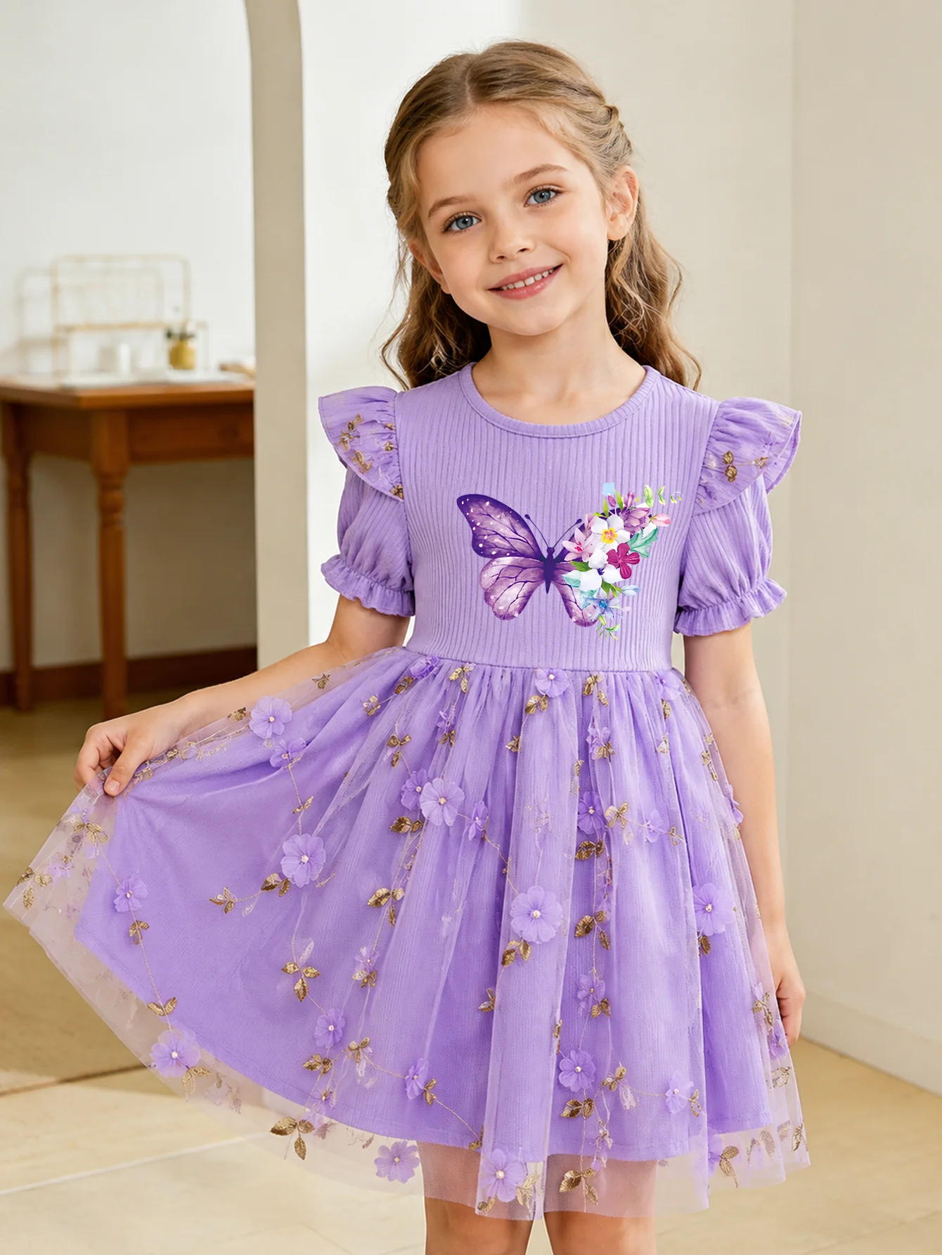 Girls Rainbow Birthday Dress Purple Tulle Princess Dress Kids Puff Sleeve Party Wedding Dresses 2-8Y