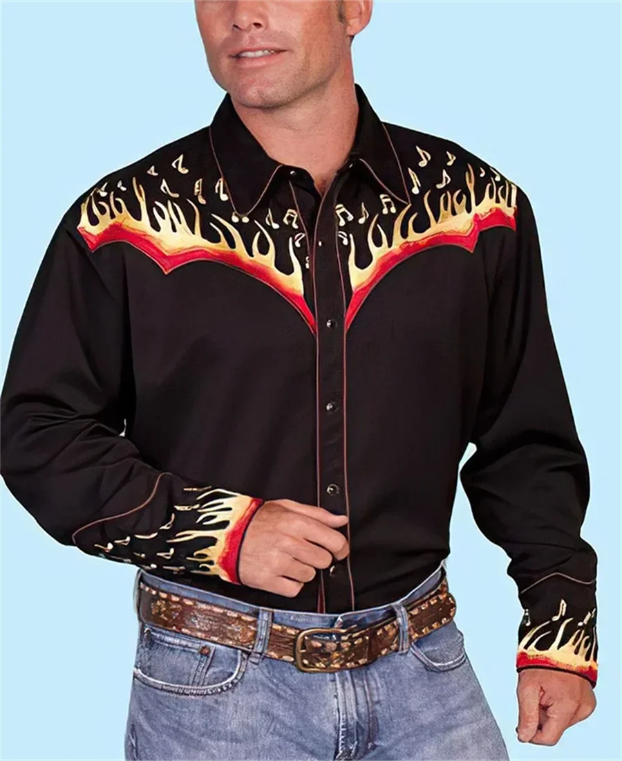 Western Tribal Shirt Denim Men's Casual Outdoor Party HD Pattern Button Soft Comfortable Lapel Shirt Long Sleeve T-Shirt