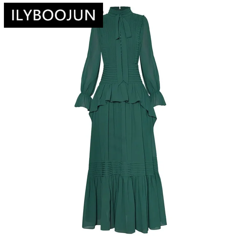 

ILYBOOJUN Fashion Designer Summer Dress Women Stand Neck Flare Sleeve Ruffled Ruched Design Elegant Party Big Swing Dress