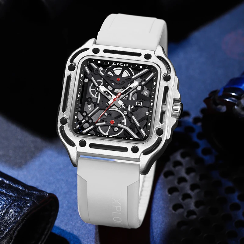 LIGE New Square Dial Men Quartz Watches Advanced Hollow Rubber Band luminous Hands Luxury 5Bar Waterproof Gift Relogio Masculino