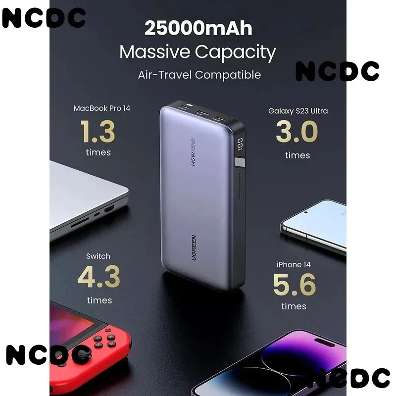 145W 파워 뱅크 25000mAh 휴대용 USB C 3포트 Pd3.0 배터리 팩 디지털 디스플레이 65W 고속 충전