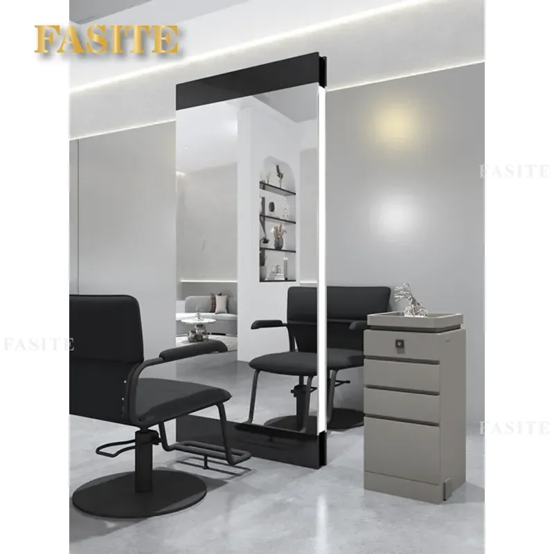 For Hair Barber Shop Floor to Ceiling Full Body Mirror Table with Lamp Stainless Steel Double Sided Perm Station