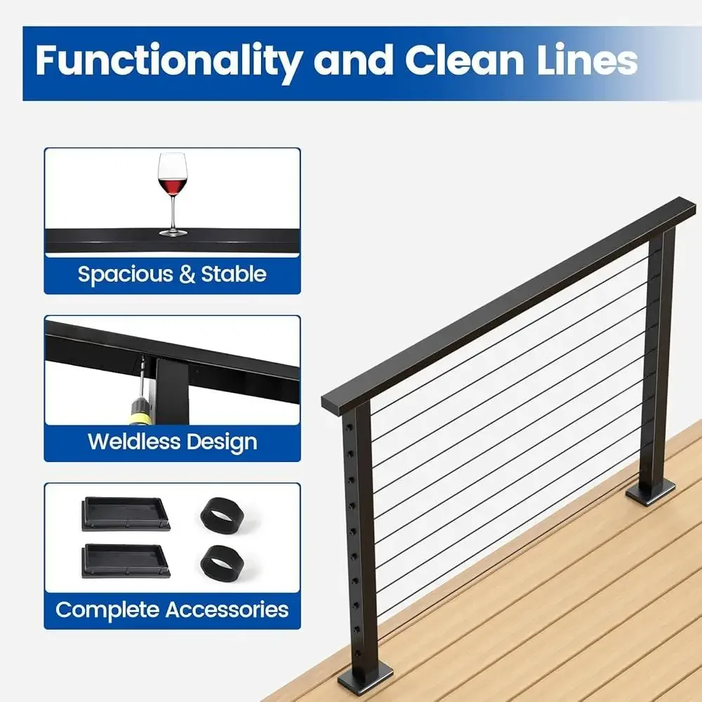 Kit de pasamanos de acero inoxidable de 4 pies, sistema de barandilla de Cable de riel plano ajustable, conectores de tapas de extremo para interiores y exteriores
