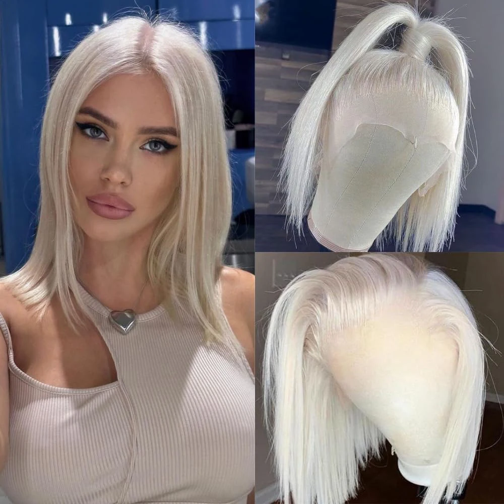 البلاتين شقراء ملونة قصيرة بوب 13x4x1 الدانتيل جزء شعر مستعار الدانتيل الشفاف الباروكة البرازيلي عذراء الشعر قبل قطعها شعر مستعار مستقيم #1