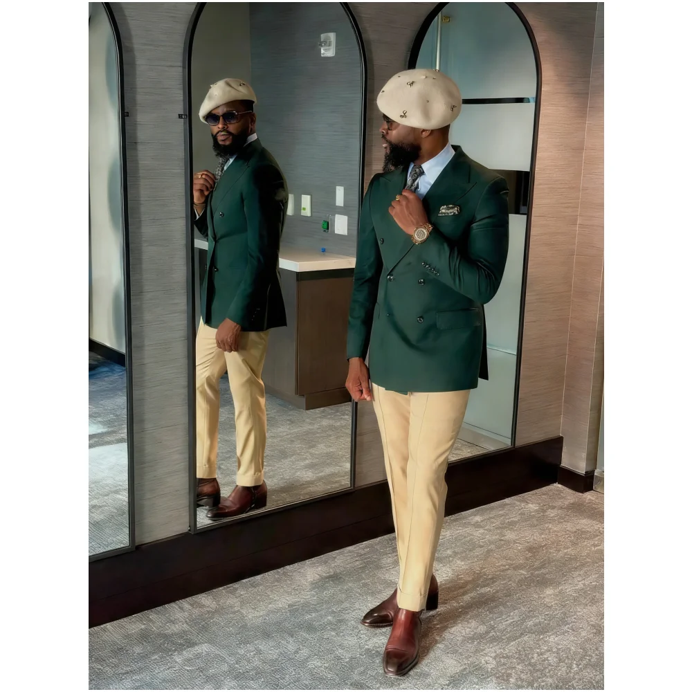 

Color Contrast hombre 2 Pieces Dark Green Jacket Khaki Pant Casual Formal Wear Wedding Party Double Breasted Suit for Men