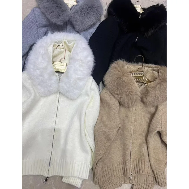 Duży kołnierz z futra, koreański retro sweter rozpinany na jesień i zimę dla kobiet, luźny i swobodny, z długim rękawem, z kapturem, płaszcz.