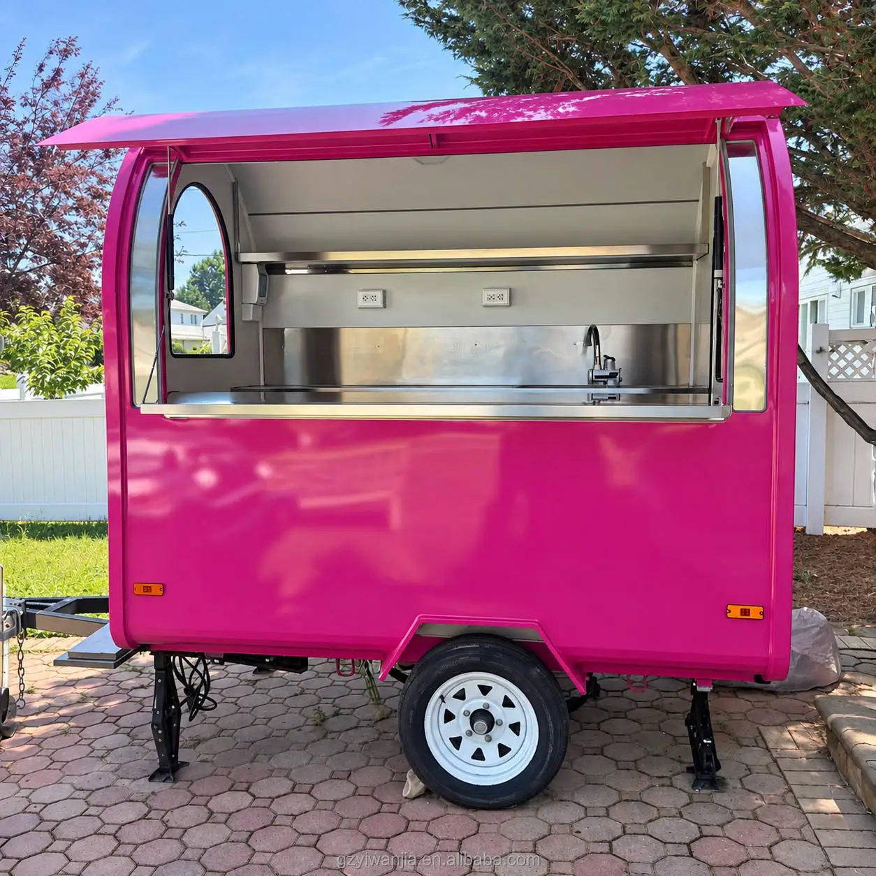 Compact Pink Food Trailer with Single Axle Stainless Steel Counter and Sink for Coffee and Dessert Vending