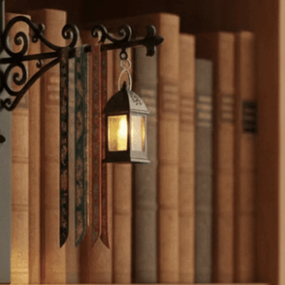 Wrought Iron Street Lamp Bookends Matte Black Hollow Out Gothic Bookshelf Decor Button Cell Battery Powered Retro Style